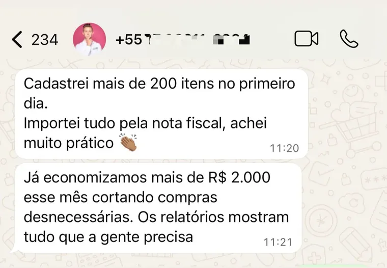 Depoimento real no WhatsApp: cadastrou mais de 200 itens no primeiro dia importando pela NFe