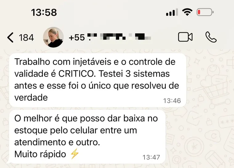 Depoimento real no WhatsApp: trabalha com injetáveis, testou 3 sistemas antes e esse foi o único que resolveu