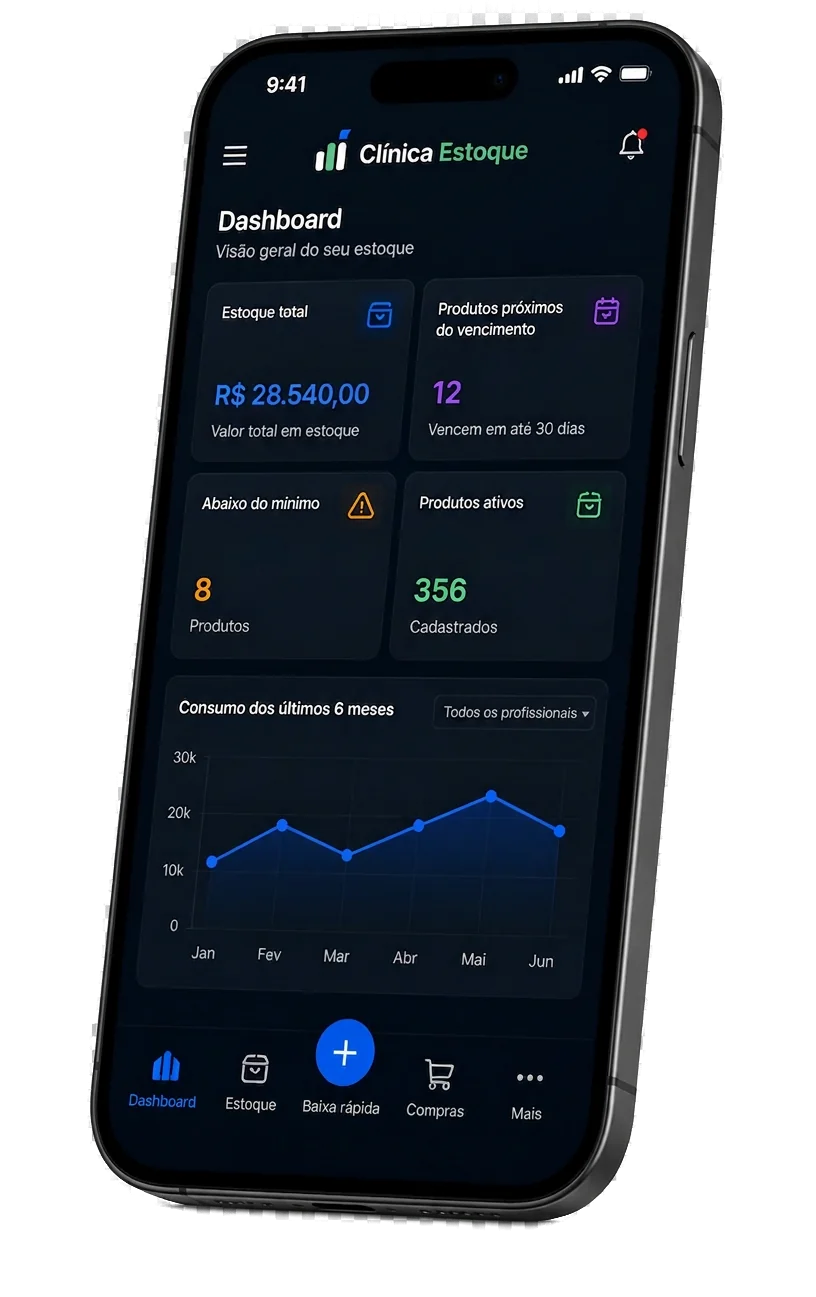 App Clínica Estoque no celular mostrando dashboard de estoque